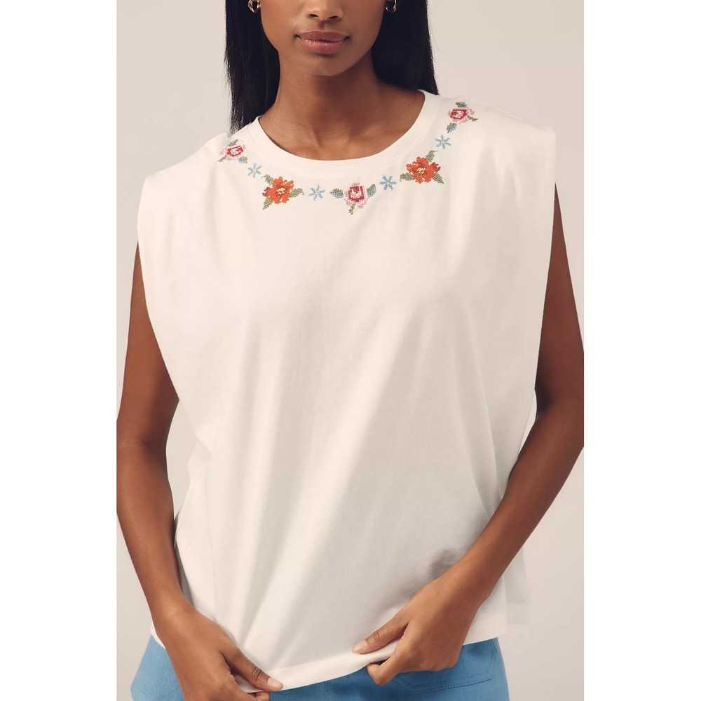 Fable Muscle Tank Top Floral Embroidered Cotton White Womens M